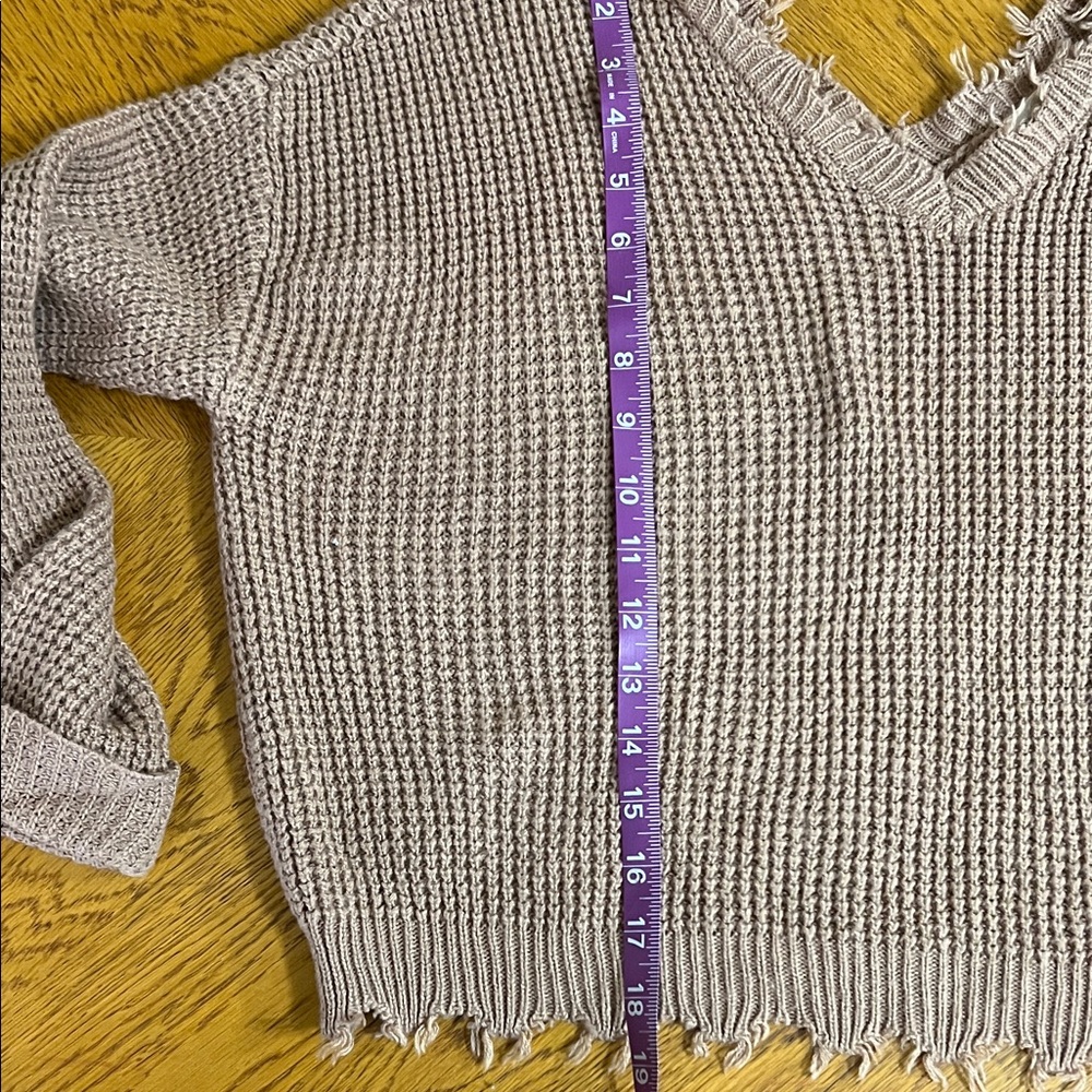 moon & madison Frayed Pinkish Tan V-Neck Sweater - Picture 6 of 7